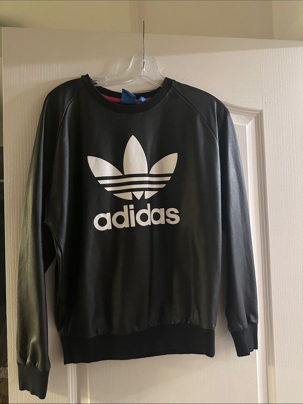 adidas Black Crewneck Sweatshirt with White Trefoil Logo faux leather